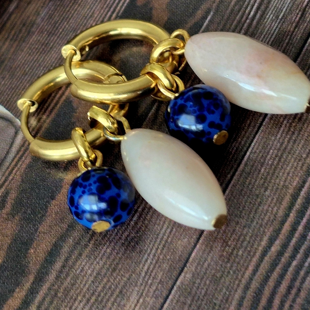 18k Gold Plated Blue Lampwork Beads And Long Rhodonite  Dangle Earrings